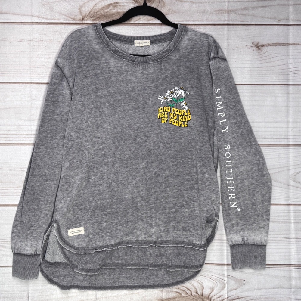 Simply Southern Kind‎ People Grey Acid Wash Sweatshirt Large Raw Hem Floral Logo